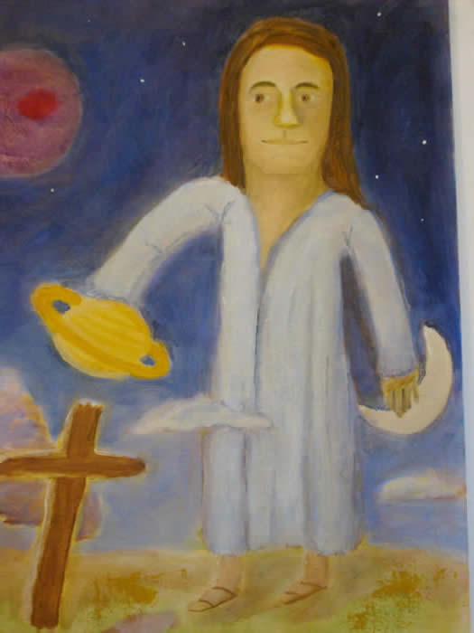 Christ standing tall rising into space by Planet Juipter,moon at left, cross at right 